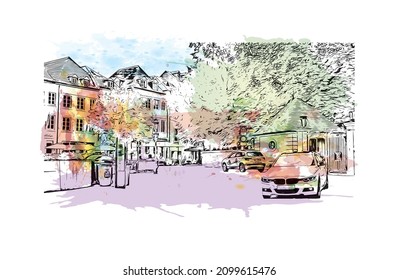 Building view with landmark of Luxembourg is the 
country in Europe. Watercolor splash with hand drawn sketch illustration in vector.