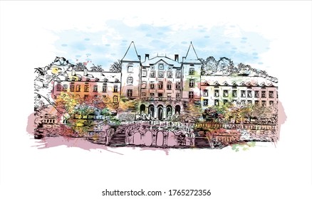 Building view with landmark of Luxembourg officially the Grand Duchy of Luxembourg, is a landlocked country in Western Europe. Watercolor splash with hand drawn sketch illustration in vector