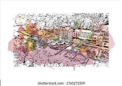 Building view with landmark of Luxembourg officially the Grand Duchy of Luxembourg, is a landlocked country in Western Europe. Watercolor splash with hand drawn sketch illustration in vector