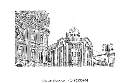 Building view with landmark of Lviv is a city in western Ukraine. Hand drawn sketch illustration in vector.
