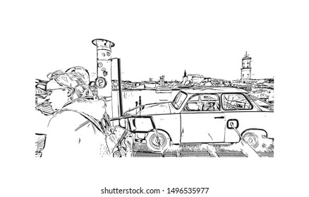 Building view with landmark of Lviv is a city in western Ukraine. Hand drawn sketch illustration in vector.