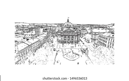 Building view with landmark of Lviv is a city in western Ukraine. Hand drawn sketch illustration in vector.