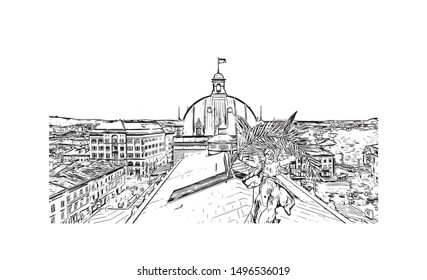 Building view with landmark of Lviv is a city in western Ukraine. Hand drawn sketch illustration in vector.