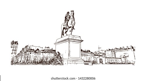 Building view with landmark of Lyon, the capital city in France’s Auvergne-Rhone-Alpes region, sits at the junction of the Rhone and Saone rivers. Hand drawn sketch illustration in vector.
