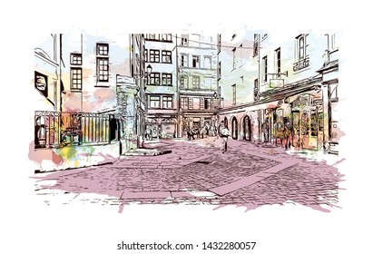 Building view with landmark of Lyon, the capital city in France. Watercolor splash with Hand drawn illustration in vector.