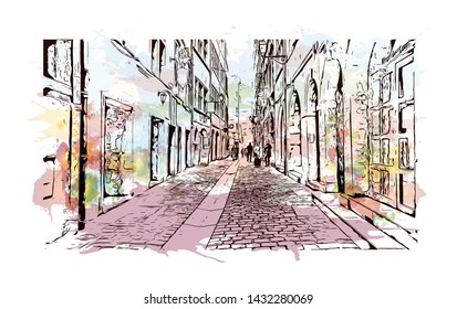 Building view with landmark of Lyon, the capital city in France. Watercolor splash with Hand drawn illustration in vector.