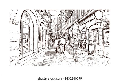 Building view with landmark of Lyon, the capital city in France’s Auvergne-Rhone-Alpes region, sits at the junction of the Rhone and Saone rivers. Hand drawn sketch illustration in vector.