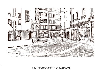 Building view with landmark of Lyon, the capital city in France’s Auvergne-Rhone-Alpes region, sits at the junction of the Rhone and Saone rivers. Hand drawn sketch illustration in vector.