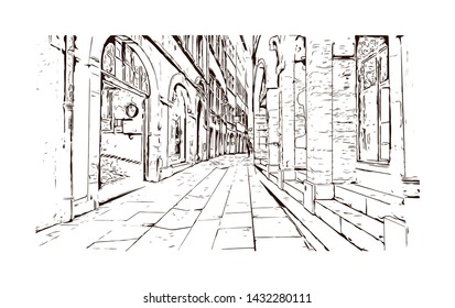 Building view with landmark of Lyon, the capital city in France’s Auvergne-Rhone-Alpes region, sits at the junction of the Rhone and Saone rivers. Hand drawn sketch illustration in vector.