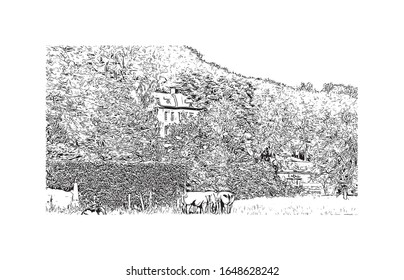 Building view with landmark of Maastricht is a city and a municipality in the southeast of the Netherlands. Hand drawn sketch illustration in vector.