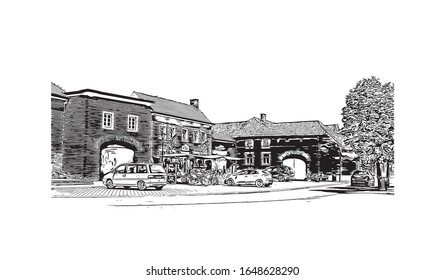 Building view with landmark of Maastricht is a city and a municipality in the southeast of the Netherlands. Hand drawn sketch illustration in vector.