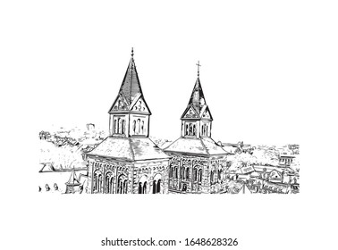 Building view with landmark of Maastricht is a city and a municipality in the southeast of the Netherlands. Hand drawn sketch illustration in vector.