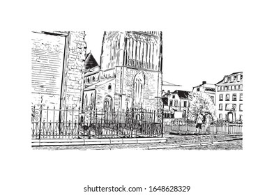 Building view with landmark of Maastricht is a city and a municipality in the southeast of the Netherlands. Hand drawn sketch illustration in vector.
