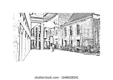 Building view with landmark of Maastricht is a city and a municipality in the southeast of the Netherlands. Hand drawn sketch illustration in vector.
