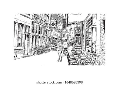 Building view with landmark of Maastricht is a city and a municipality in the southeast of the Netherlands. Hand drawn sketch illustration in vector.