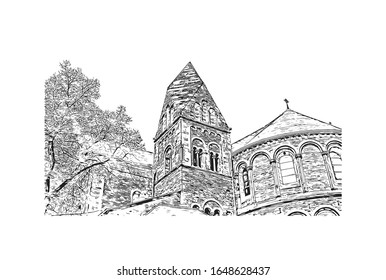 Building view with landmark of Maastricht is a city and a municipality in the southeast of the Netherlands. Hand drawn sketch illustration in vector.