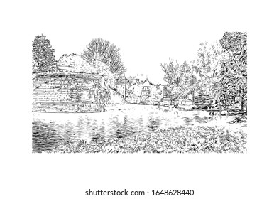 Building view with landmark of Maastricht is a city and a municipality in the southeast of the Netherlands. Hand drawn sketch illustration in vector.