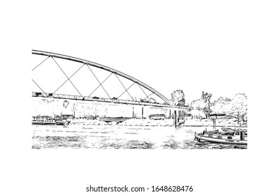 Building view with landmark of Maastricht is a city and a municipality in the southeast of the Netherlands. Hand drawn sketch illustration in vector.