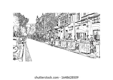 Building view with landmark of Maastricht is a city and a municipality in the southeast of the Netherlands. Hand drawn sketch illustration in vector.