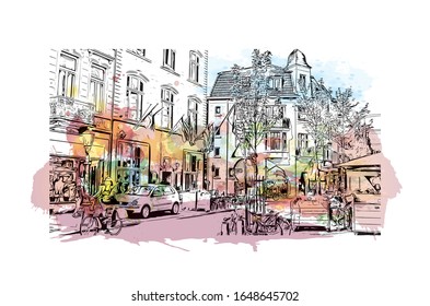 Building view with landmark of Maastricht is a city and a municipality in the southeast of the Netherlands. Watercolor splash with Hand drawn sketch illustration in vector.