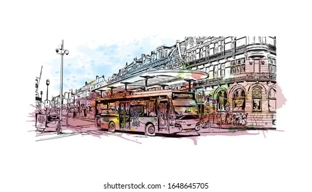 Building view with landmark of Maastricht is a city and a municipality in the southeast of the Netherlands. Watercolor splash with Hand drawn sketch illustration in vector.