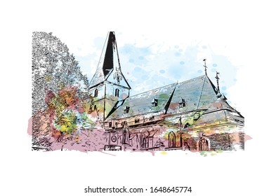 Building view with landmark of Maastricht is a city and a municipality in the southeast of the Netherlands. Watercolor splash with Hand drawn sketch illustration in vector.