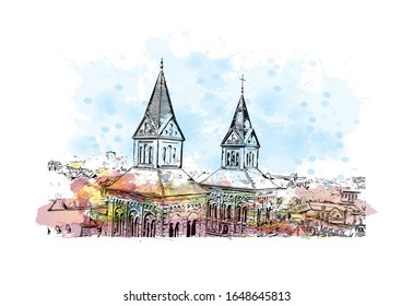 Building view with landmark of Maastricht is a city and a municipality in the southeast of the Netherlands. Watercolor splash with Hand drawn sketch illustration in vector.