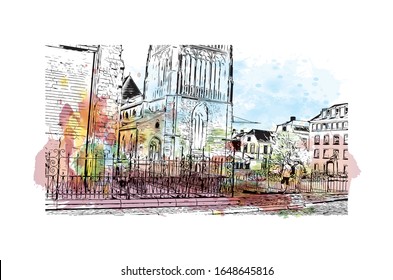 Building view with landmark of Maastricht is a city and a municipality in the southeast of the Netherlands. Watercolor splash with Hand drawn sketch illustration in vector.