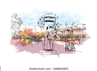 Building view with landmark of Maastricht is a city and a municipality in the southeast of the Netherlands. Watercolor splash with Hand drawn sketch illustration in vector.