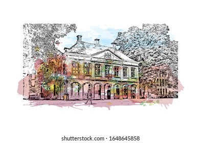 Building view with landmark of Maastricht is a city and a municipality in the southeast of the Netherlands. Watercolor splash with Hand drawn sketch illustration in vector.