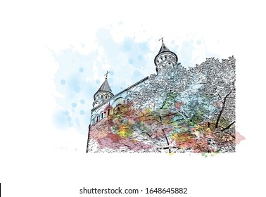 Building view with landmark of Maastricht is a city and a municipality in the southeast of the Netherlands. Watercolor splash with Hand drawn sketch illustration in vector.