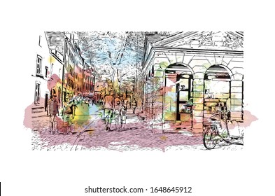 Building view with landmark of Maastricht is a city and a municipality in the southeast of the Netherlands. Watercolor splash with Hand drawn sketch illustration in vector.