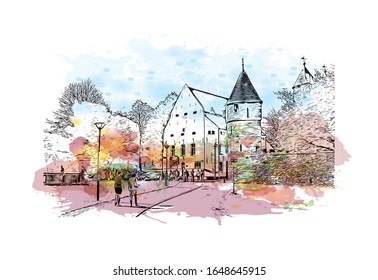 Building view with landmark of Maastricht is a city and a municipality in the southeast of the Netherlands. Watercolor splash with Hand drawn sketch illustration in vector.