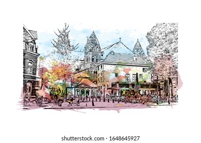 Building view with landmark of Maastricht is a city and a municipality in the southeast of the Netherlands. Watercolor splash with Hand drawn sketch illustration in vector.