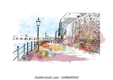 Building view with landmark of Maastricht is a city and a municipality in the southeast of the Netherlands. Watercolor splash with Hand drawn sketch illustration in vector.