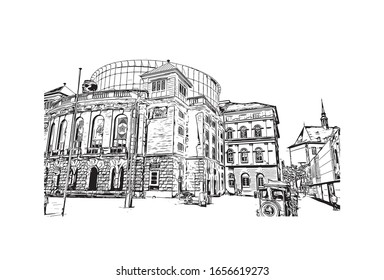 Building view with landmark of Mainz is a German city on the Rhine River. It’s known for its old town. Hand drawn sketch illustration in vector.