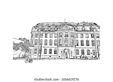 Building view with landmark of Mainz is a German city on the Rhine River. It’s known for its old town. Hand drawn sketch illustration in vector.