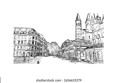 Building view with landmark of Mainz is a German city on the Rhine River. It’s known for its old town. Hand drawn sketch illustration in vector.