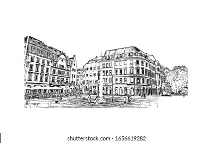 La vista del edificio con el punto de referencia de Maguncia es una ciudad alemana situada en el río Rin. Es conocido por su casco antiguo. Dibujo dibujado a mano en vector.