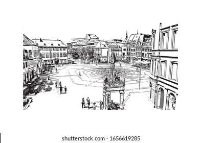 Building view with landmark of Mainz is a German city on the Rhine River. It’s known for its old town. Hand drawn sketch illustration in vector.