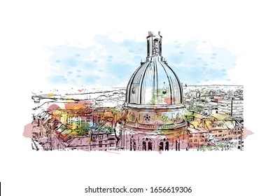 Building view with landmark of Mainz is a German city on the Rhine River. It’s known for its old town. Watercolor splash with Hand drawn sketch illustration in vector.