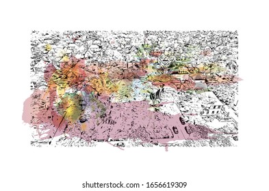 La vista del edificio con el punto de referencia de Maguncia es una ciudad alemana situada en el río Rin. Es conocido por su casco antiguo. Sacudida de color de agua con ilustración de esbozo dibujada a mano en vector.