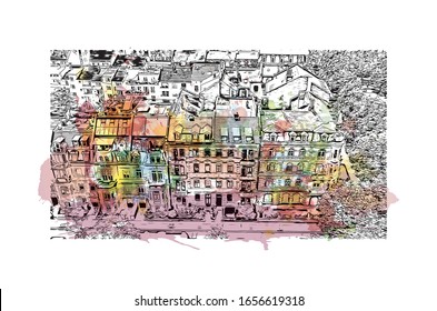 La vista del edificio con el punto de referencia de Maguncia es una ciudad alemana situada en el río Rin. Es conocido por su casco antiguo. Sacudida de color de agua con ilustración de esbozo dibujada a mano en vector.