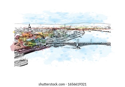 Building view with landmark of Mainz is a German city on the Rhine River. It’s known for its old town. Watercolor splash with Hand drawn sketch illustration in vector.