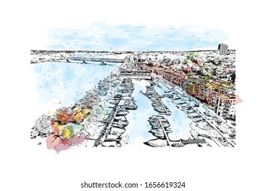 Building view with landmark of Mainz is a German city on the Rhine River. It’s known for its old town. Watercolor splash with Hand drawn sketch illustration in vector.