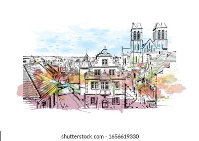 Building view with landmark of Mainz is a German city on the Rhine River. It’s known for its old town. Watercolor splash with Hand drawn sketch illustration in vector.