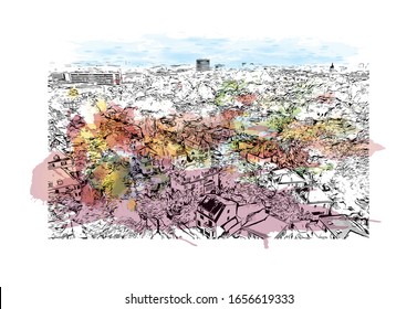 Building view with landmark of Mainz is a German city on the Rhine River. It’s known for its old town. Watercolor splash with Hand drawn sketch illustration in vector.