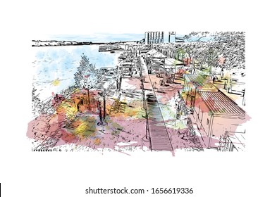 Building view with landmark of Mainz is a German city on the Rhine River. It’s known for its old town. Watercolor splash with Hand drawn sketch illustration in vector.