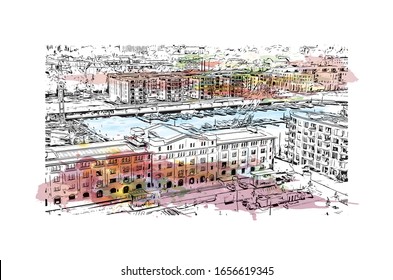 Building view with landmark of Mainz is a German city on the Rhine River. It’s known for its old town. Watercolor splash with Hand drawn sketch illustration in vector.