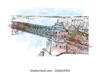 Building view with landmark of Mainz is a German city on the Rhine River. It’s known for its old town. Watercolor splash with Hand drawn sketch illustration in vector.